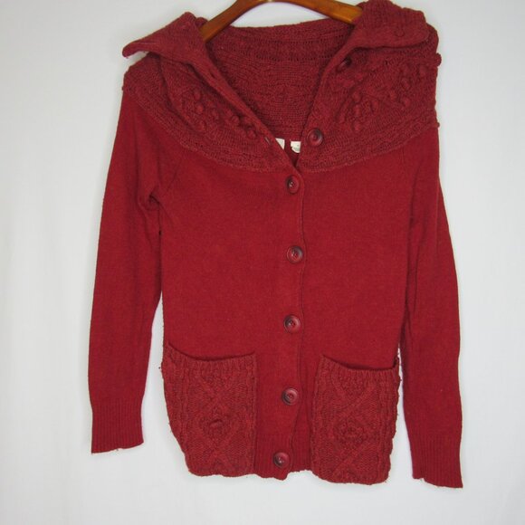 Sleeping On Snow Anthropologie Red Cablepom Cardigan Sweater Women's S Small - Picture 7 of 9